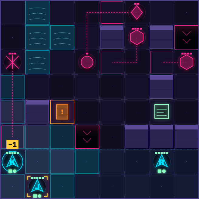 Null Sector — a squad of neon operatives facing hostiles across a grid of hazards