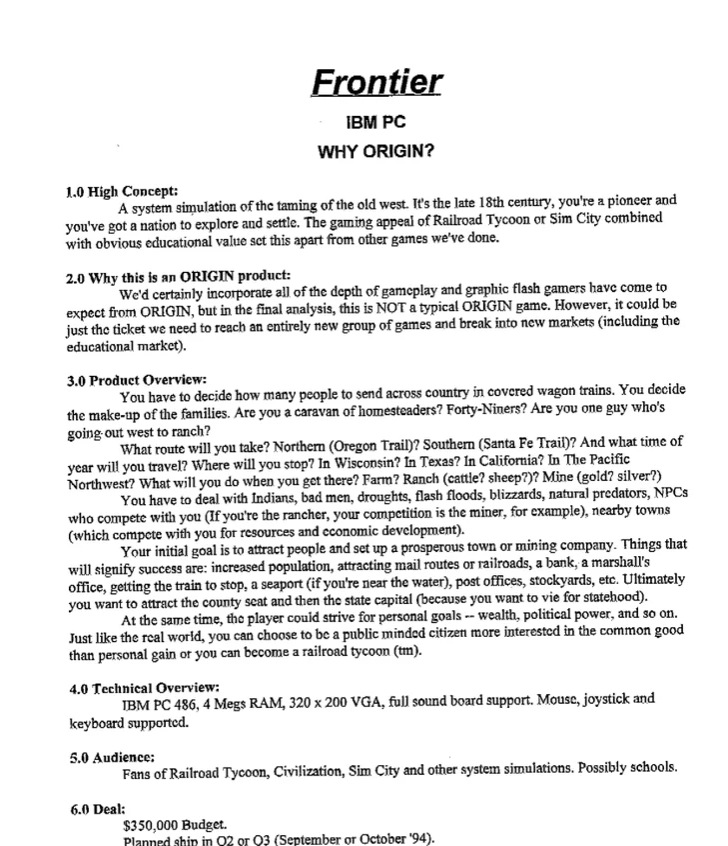 Origin Systems pitch document for Frontier, an unmade old-west simulation