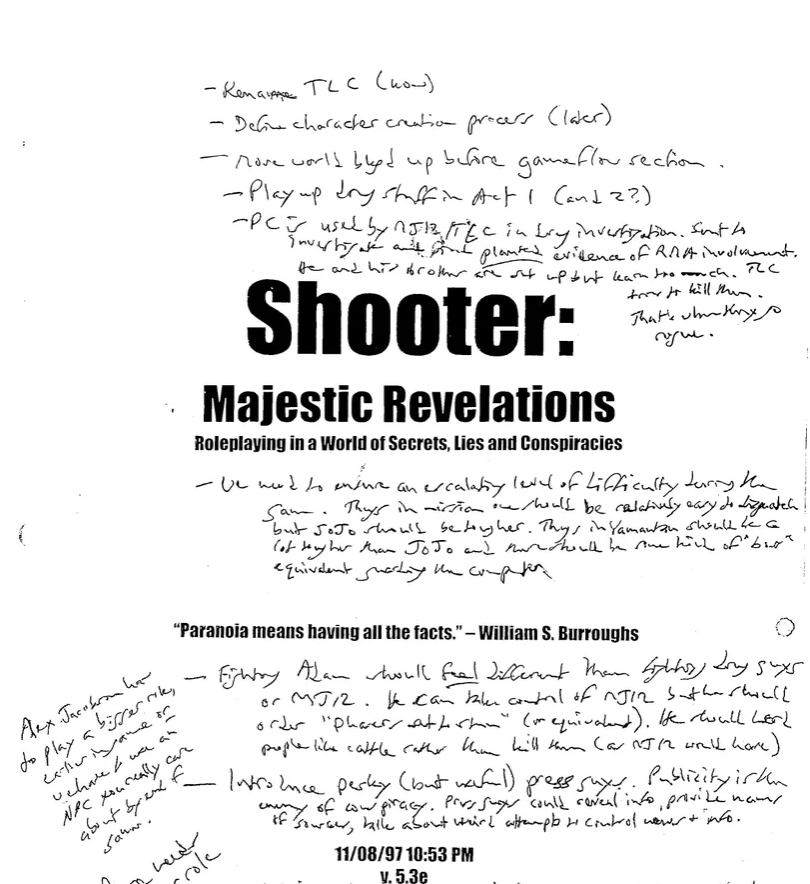 Pitch document: Shooter — Majestic Revelations, the early design that became Deus Ex