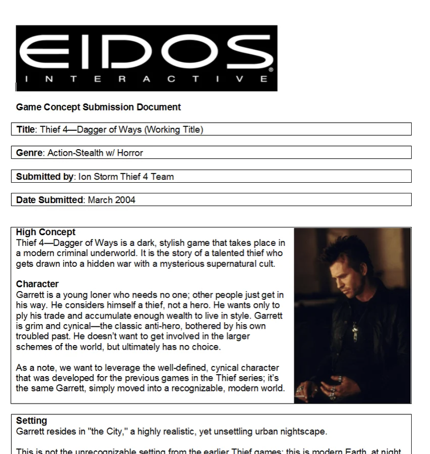 Eidos game concept submission document for Thief 4: Dagger of Ways